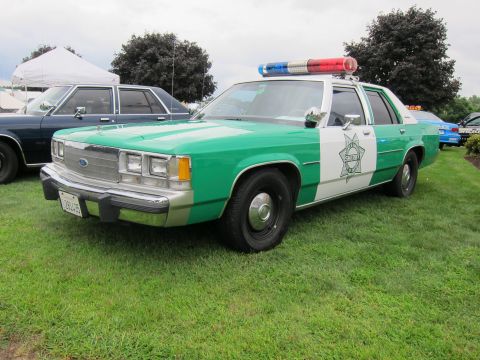 1991 Ford LTD Crown Victoria - Front three-quarter view of a green-and-white Ford Sheriff sedan with light bar and star emblem on a grass show field.