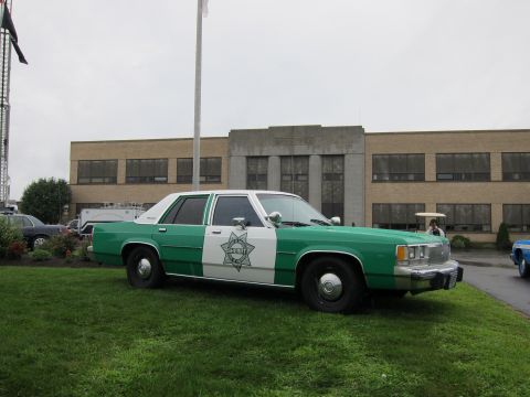 1991 Ford LTD Crown Victoria - green-and-white sheriff-style Ford sedan with a star door badge parked on grass in front of a tan brick building.