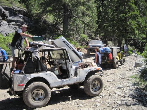 1989 Ford Bronco - Several off-road vehicles navigate a rough, wooded path on a sunny day.