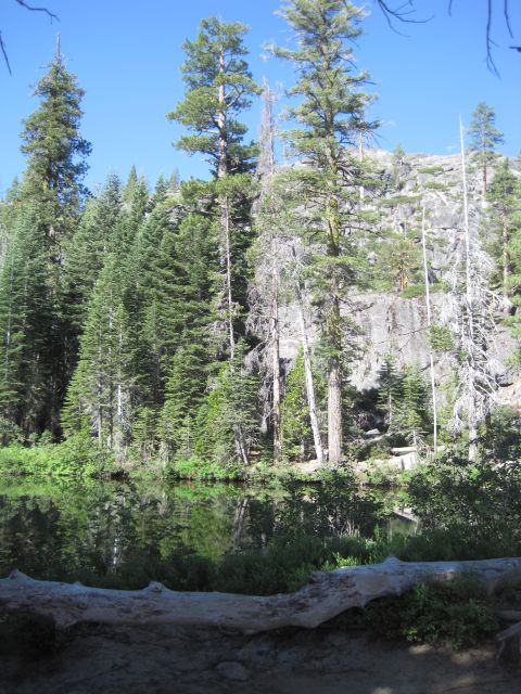 1989 Ford Bronco - A forest landscape a calm lake reflecting the surrounding trees and a cliff face under a clear blue sky.