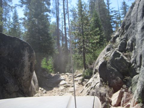 1989 Ford Bronco - Navigating a challenging off-road trail through a forest with large rock formations.