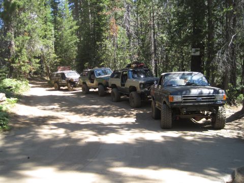 1989 Ford Bronco - A line of modified four-wheel drive trucks parked on a dirt road surrounded by trees.