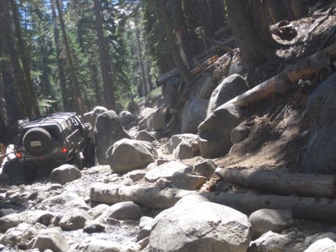 1989 Ford Bronco - Vehicle carefully maneuvers through a challenging, boulder-strewn path in a forest.