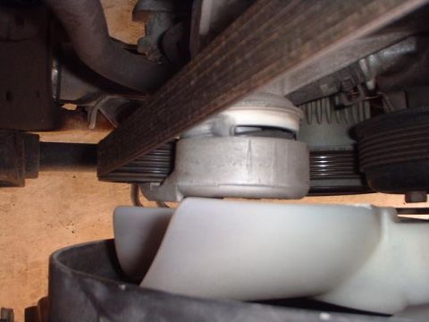 1996 Ford Taurus - Close-up view of an engine's belt tensioner pulley and serpentine belt system.
