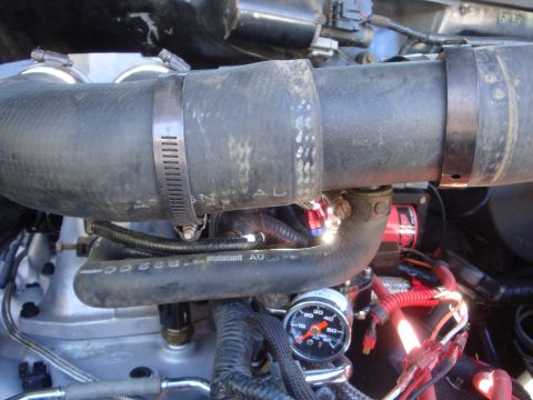 1989 Ford Bronco - Close-up view of engine components including hoses, a pressure gauge, and wiring harness.
