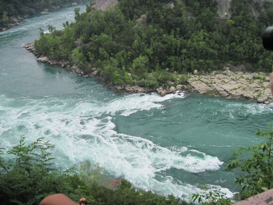 River rapids with trees and rocky shore