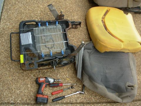 1994 Ford Crown Victoria - After unbolting the backrest, the base can be disassembled. There are 2 pushpins at the back. The bolts are 13mm. I hosed off the bases, pu…