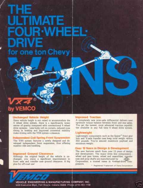 1979 Ford F-150 - This document describes the VEMCO VX4 four-wheel drive system, highlighting its features and benefits for one-ton Chevy Vans.