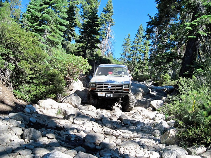 Front view of a light-colored 1980s Ford Bronco navigating a rocky, wooded trail