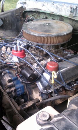 1978 Ford Bronco - Engine bay of a 1978 Ford Bronco, the air cleaner, distributor, and valve cover.