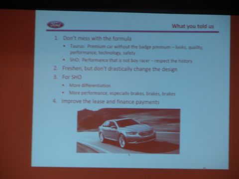 1992 Ford Taurus - This slide discusses feedback on the Ford Taurus, including points about not changing the formula and freshening the design.
