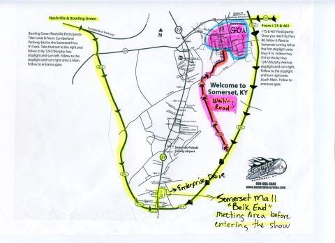 2007 Ford Mustang - Directions map with highlighted routes guiding participants to a car show in Somerset, Kentucky.
