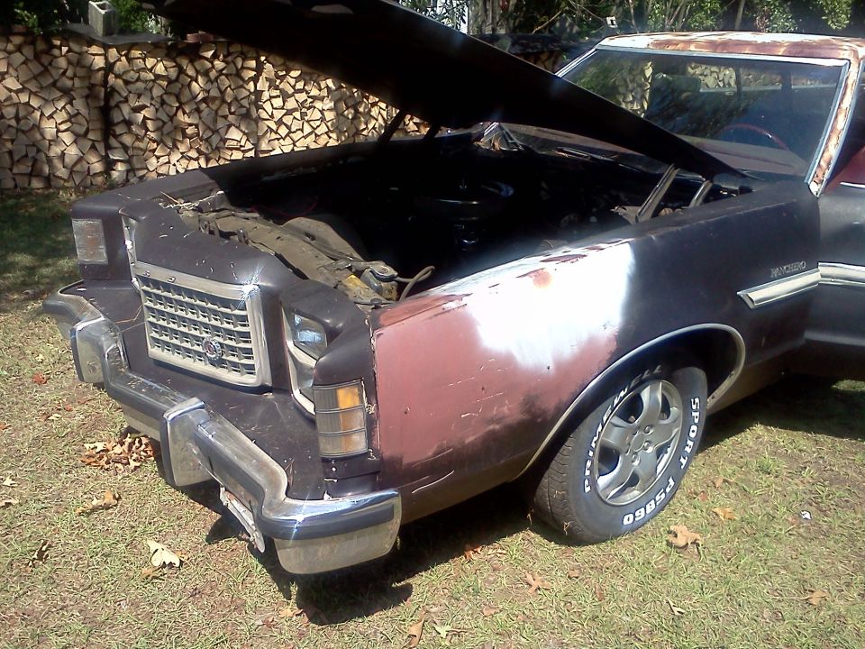 1979 Ford Ranchero front end with hood open, showing primer on fender