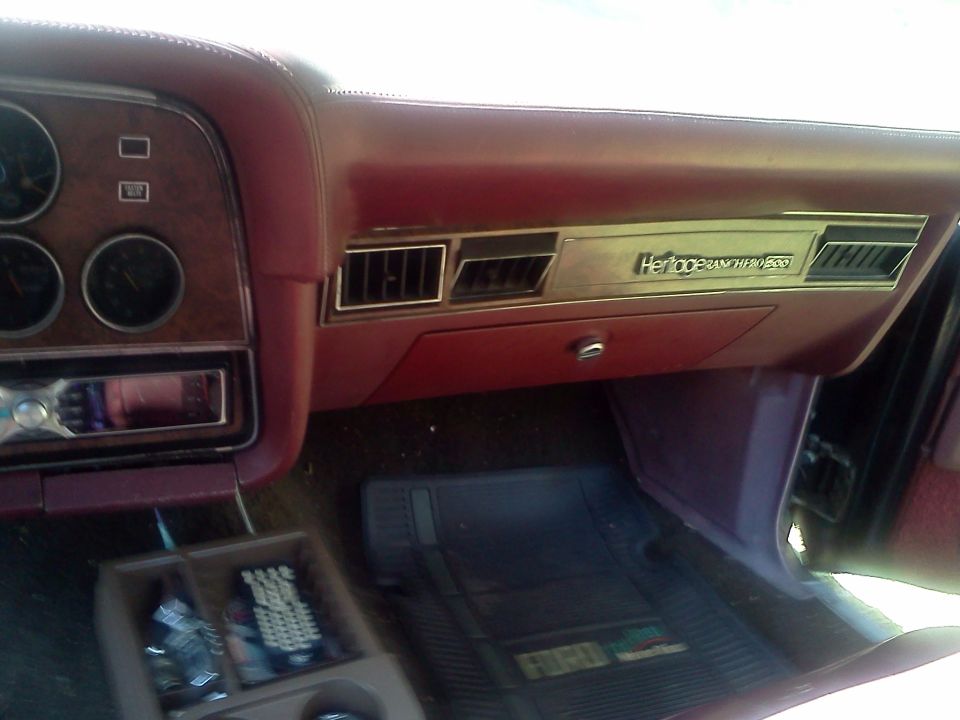 1979 Ford Ranchero interior showing dashboard with gauges, vents, and 'Heritage Ranchero 500' badging