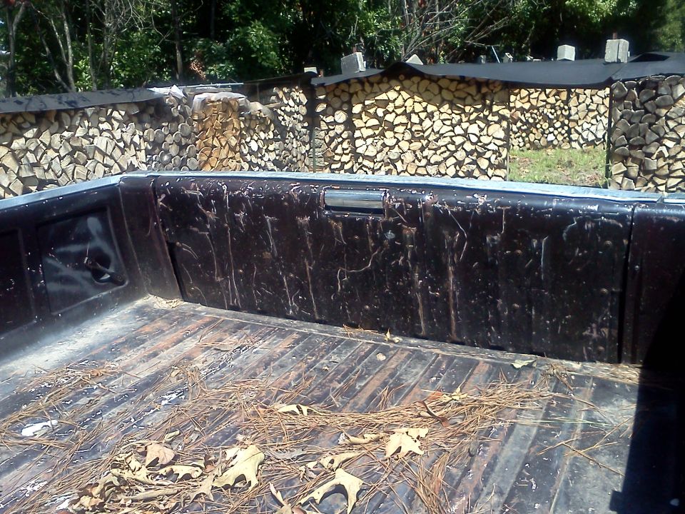 Inside dark truck bed with leaf-strewn ribbed floor and tailgate, firewood stacks behind
