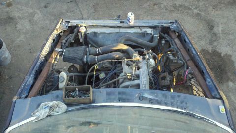 1989 Ford Bronco - The engine bay of a 1989 Ford Bronco, a V8 engine and an aftermarket air intake system.