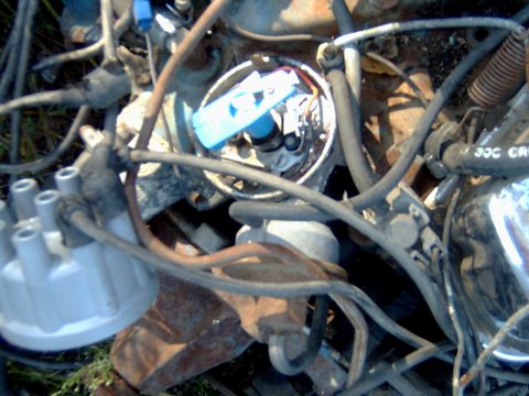 1982 Ford Bronco - Close-up of engine components, including a distributor cap and rotor.