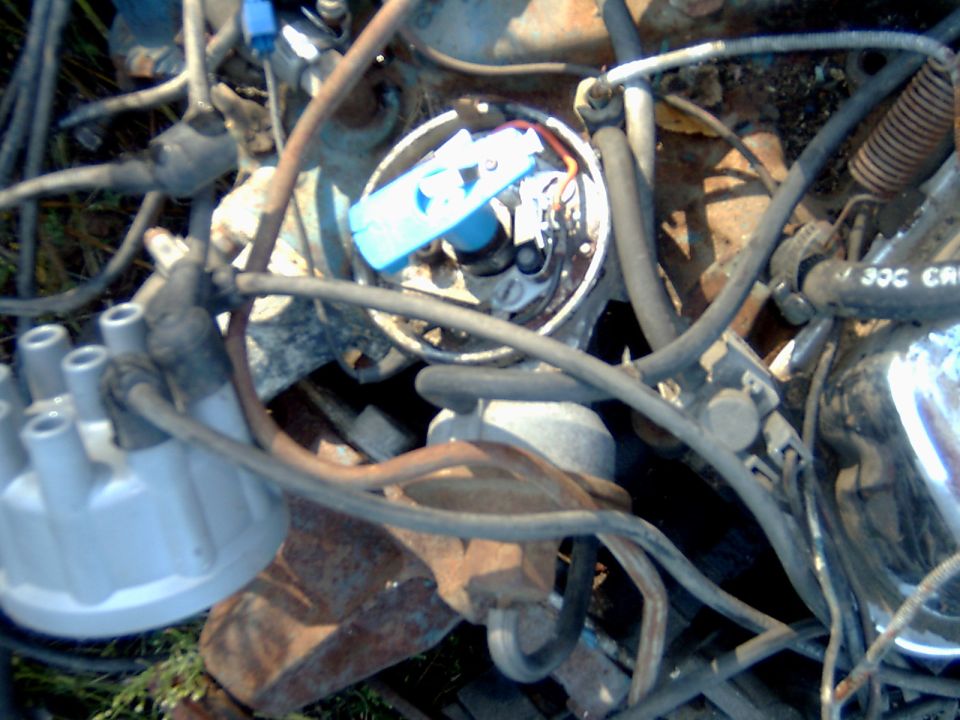 Distributor with cap removed showing blue rotor, gray cap and plug wires on rusty engine