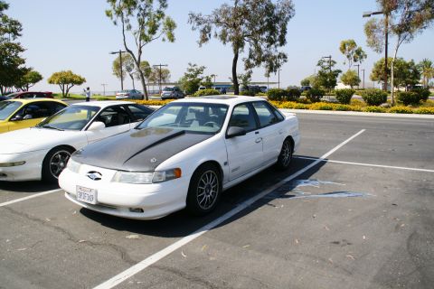 1995 Ford Taurus - A white sedan with a carbon fiber hood is parked in a lot, with other vehicles nearby.