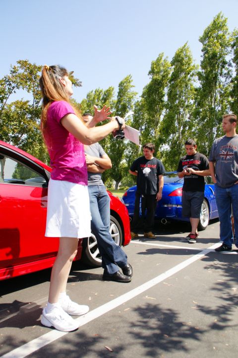 1995 Ford Taurus - A group of people are gathered around two cars in a parking lot on a sunny day.