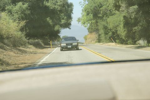 1995 Ford Taurus - A dark-colored 1995 Ford Taurus sedan is seen driving on a rural road, surrounded by trees.