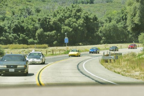 1995 Ford Taurus - Several cars drive along a scenic, tree-lined highway on a sunny day.