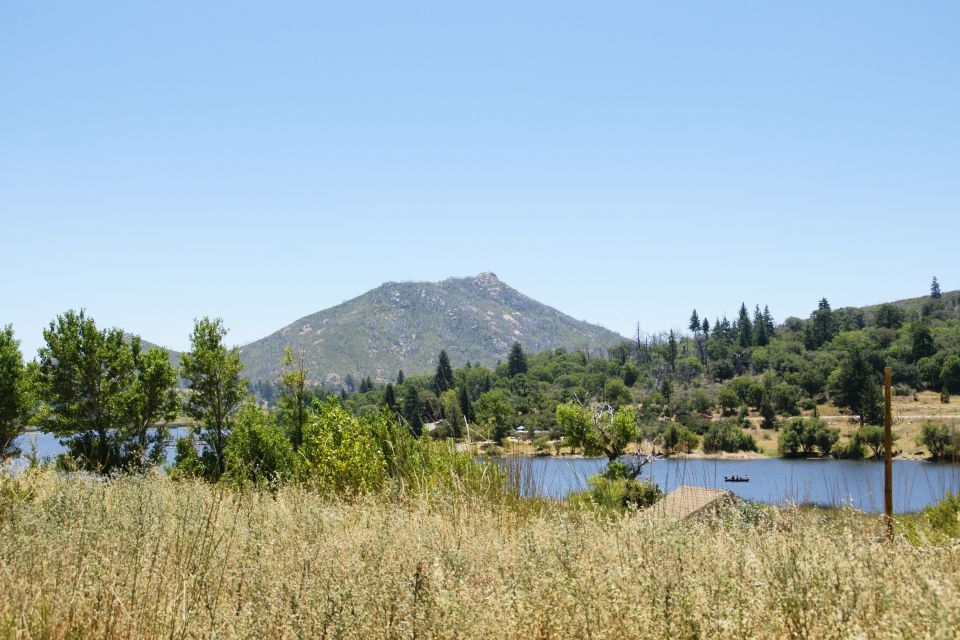 Lake with a mountain in the background, trees, and tall grass in the foreground. A small boat is visible on the water