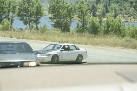 1995 Ford Taurus - A white sedan with a black hood drives on a road next to a body of water with trees in the background.