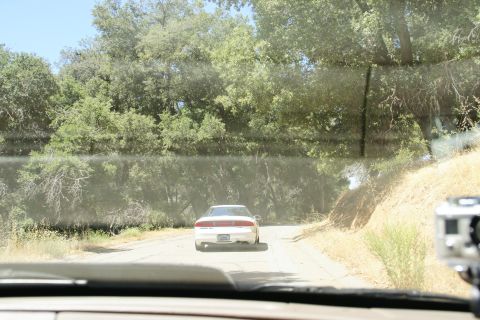 1995 Ford Taurus - A white sedan is seen from behind driving down a dusty, tree-lined road.