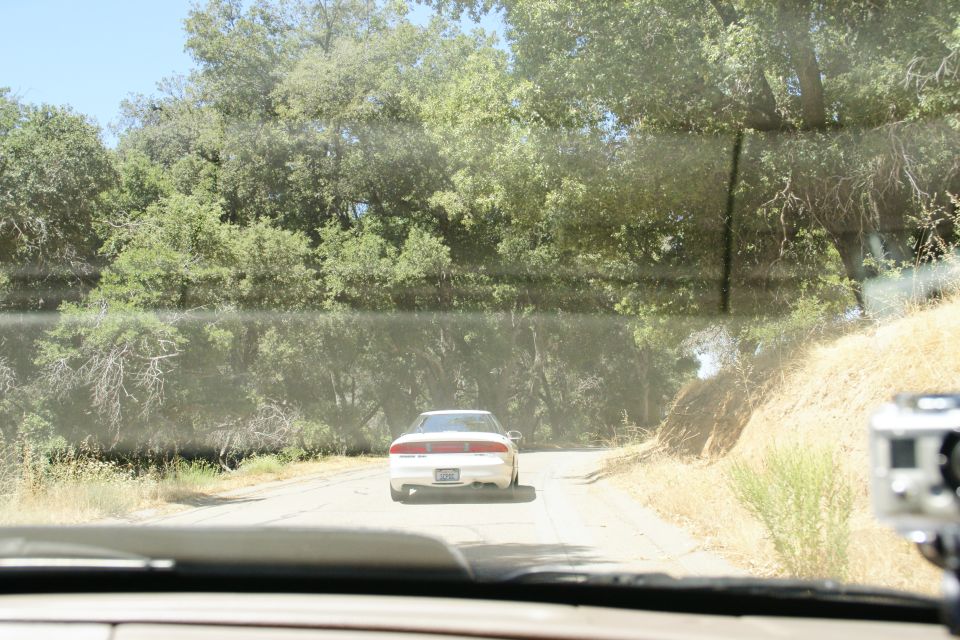 White sedan driving away on a dirt road with trees on either side