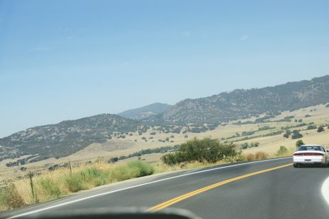 1995 Ford Taurus - A white sedan travels down a highway through a dry, hilly landscape under a clear blue sky.