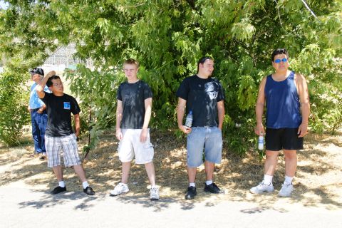 1995 Ford Taurus - A group of four young men are standing outside near a large tree on a sunny day.