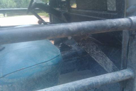 1978 Ford Bronco - The interior of a vehicle, a roll cage and a blue seat, appears to be used for off-roading.
