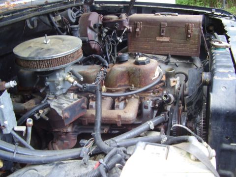 1986 Ford Bronco - The engine bay of a vehicle shows a V8 engine with a carburetor and air filter, along with a rusty toolbox.
