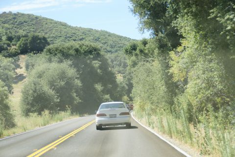 1995 Ford Taurus - A white sedan travels down a two-lane road surrounded by lush green hills and trees under a partly cloudy sky.