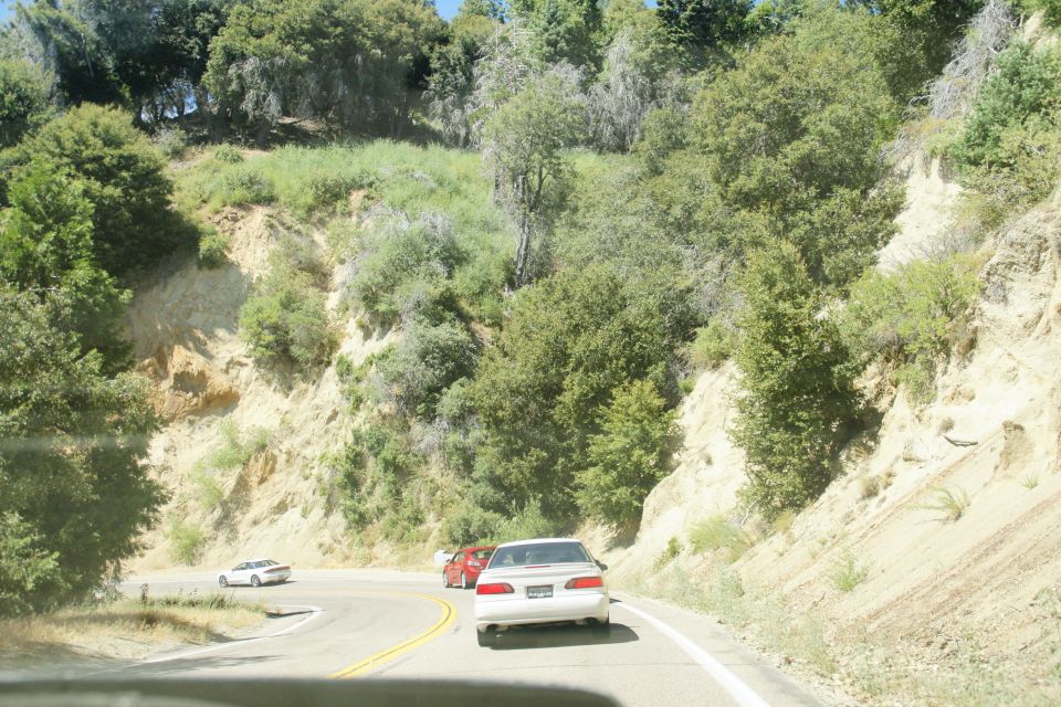 Several cars drive on a winding road through a wooded, hilly area
