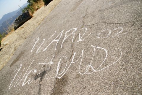 1995 Ford Taurus - White chalk writing on a road reads 'WARE UP WATFORD' with hills in the background.
