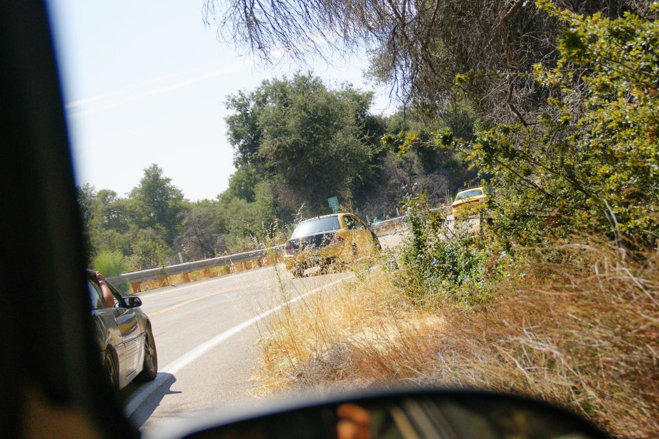 Yellow sedan seen from side, driving on a road with trees