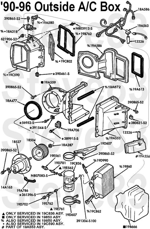 1983 Ford Bronco - '90-93 Outside A/C Box ('80-89 with A/C similar) This shows the R-12 box (19A559/19A553), which is different from '94-97 R-134a; and the va…