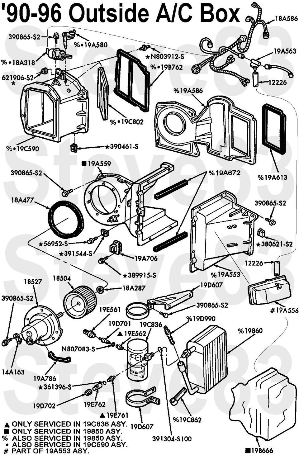 1990-96 outside A/C box exploded HVAC diagram with heater core and part numbers