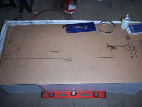 1996 Ford Bronco - Homemade dimensioned drawing on cardboard sketching a fabricated link with a 38 1/2 inch overall length and end detail.