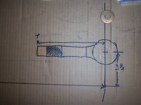 1996 Ford Bronco - Hand-drawn dimensioned layout on cardboard of a fabricated rod-end link showing a 3 1/2 dimension and thread end marks.