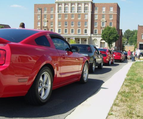 2007 Ford Mustang - Several Ford Mustangs are lined up on a street in front of a large brick building.