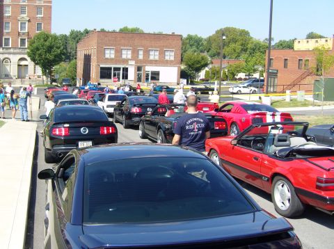 2007 Ford Mustang - A gathering of Ford Mustangs, including a black 2007 model, parked in a lot with buildings and people around.