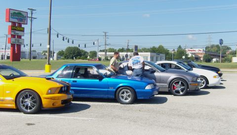 2007 Ford Mustang - A line of Ford Mustangs, including a yellow 2007 model, are parked in a lot on a sunny day.