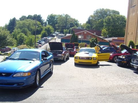 2007 Ford Mustang - A collection of Ford Mustangs are gathered in a parking lot on a sunny day.