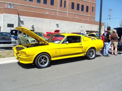 2007 Ford Mustang - A bright yellow classic Mustang GT500 is displayed with its hood up, surrounded by other vehicles.