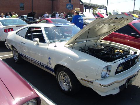 2007 Ford Mustang - White 1976 Ford Mustang Cobra II with blue stripes and hood open at a car show.