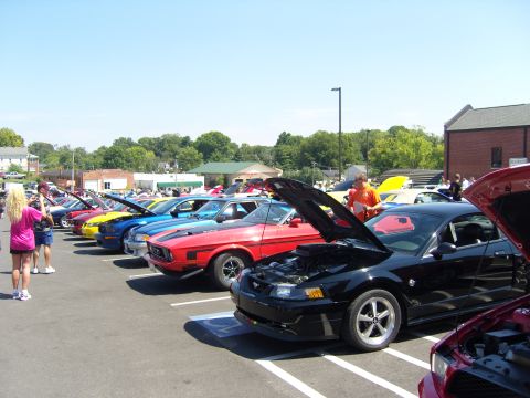 2007 Ford Mustang - Multiple generations of Ford Mustangs displayed with hoods open at an outdoor car show.