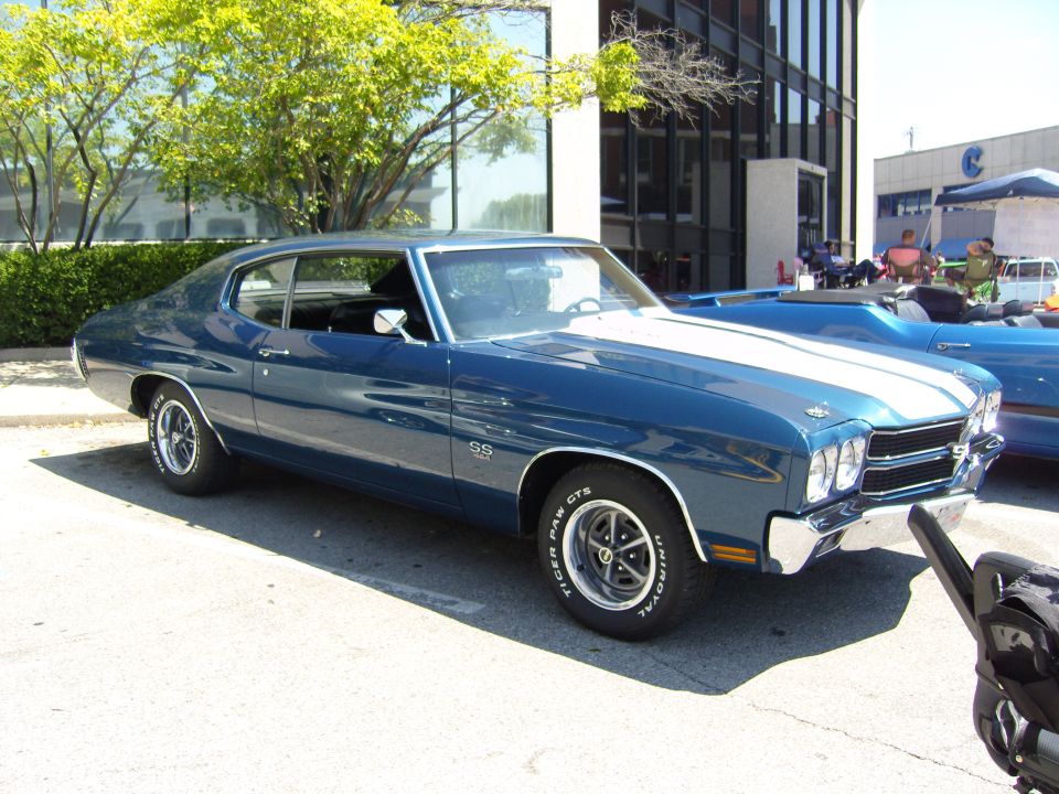 Blue 1970 Chevrolet Chevelle SS muscle car with white stripes, parked outdoors